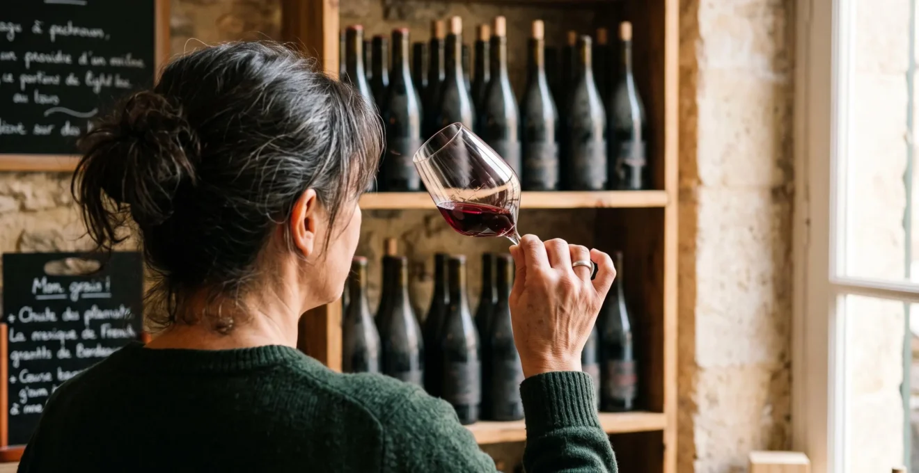 Un client examine la couleur d'un vin rouge incliné contre la lumière