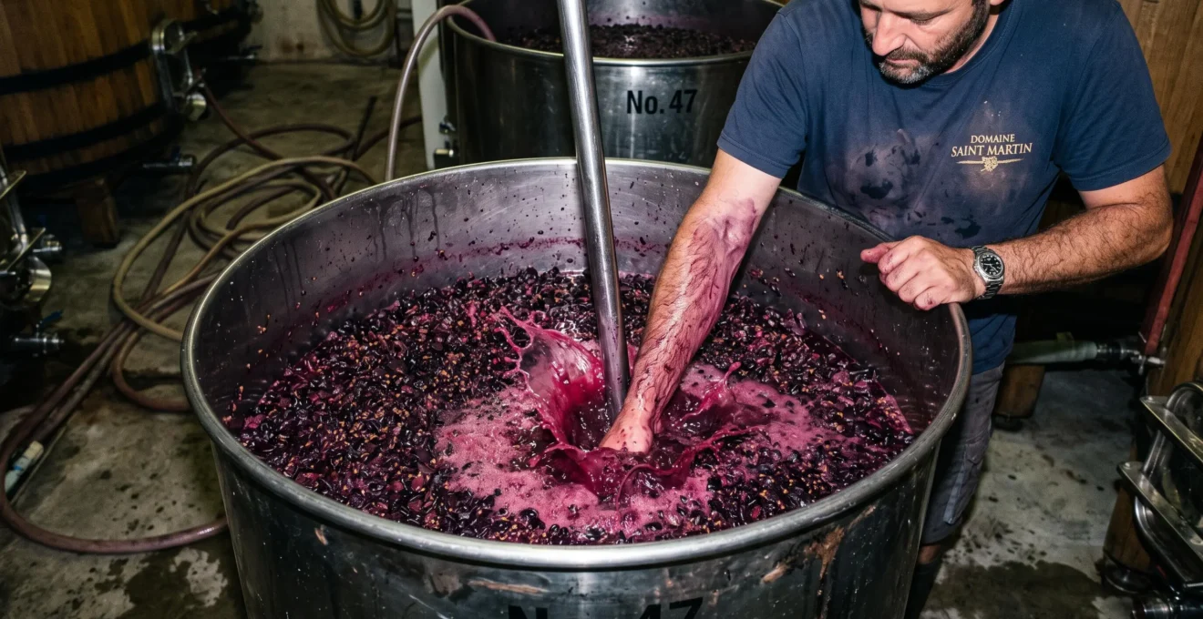 Un vigneron enfonce le chapeau de peaux de raisin dans la cuve de macération