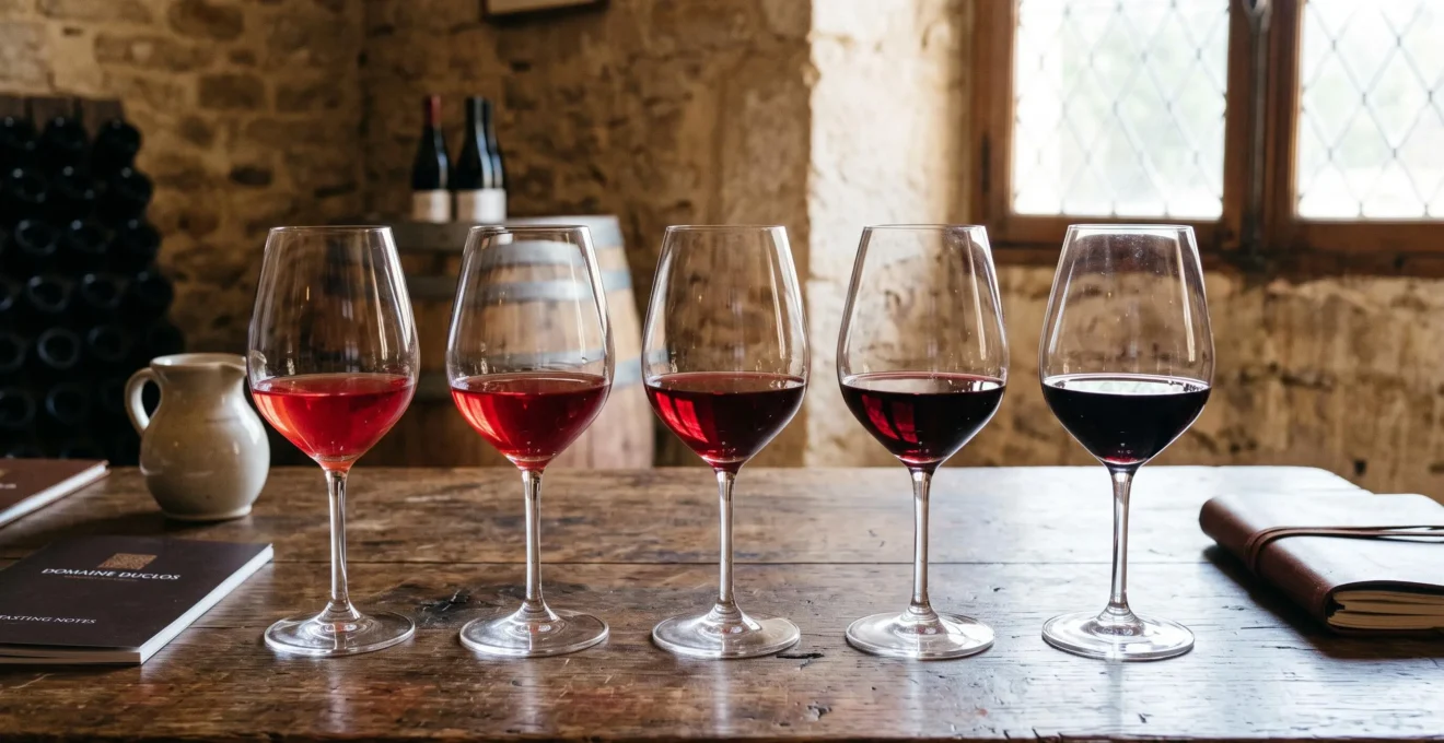 Plusieurs verres de vin rouge de teintes différentes alignés sur une table