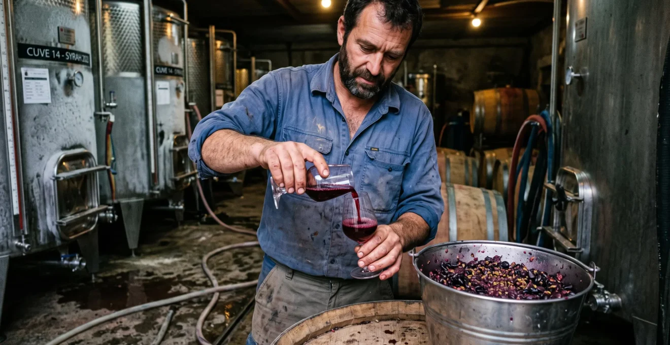 Un vigneron verse du vin rouge dans un verre près de raisins foulés